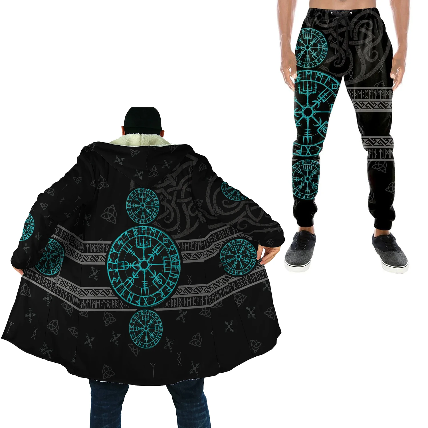 Capa grossa quente com capuz para homens viking tatuagem símbolo armadura casaco impressão à prova de vento velo unisex casual-A24