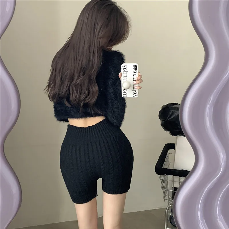 2023 니트 따뜻한 안전 짧은 여성 가을 ​​스키니 Bottoming 반바지 여성 겨울 높은 허리 엉덩이 리프팅 눈부심 방지 반바지