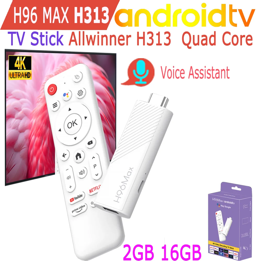 H96 Max H313 Android TV Stick Allwinner Quad Core 4K HDR Wifi6 Assistente de Voz 2GB 16GB Jogo Media Player Smart TV Box