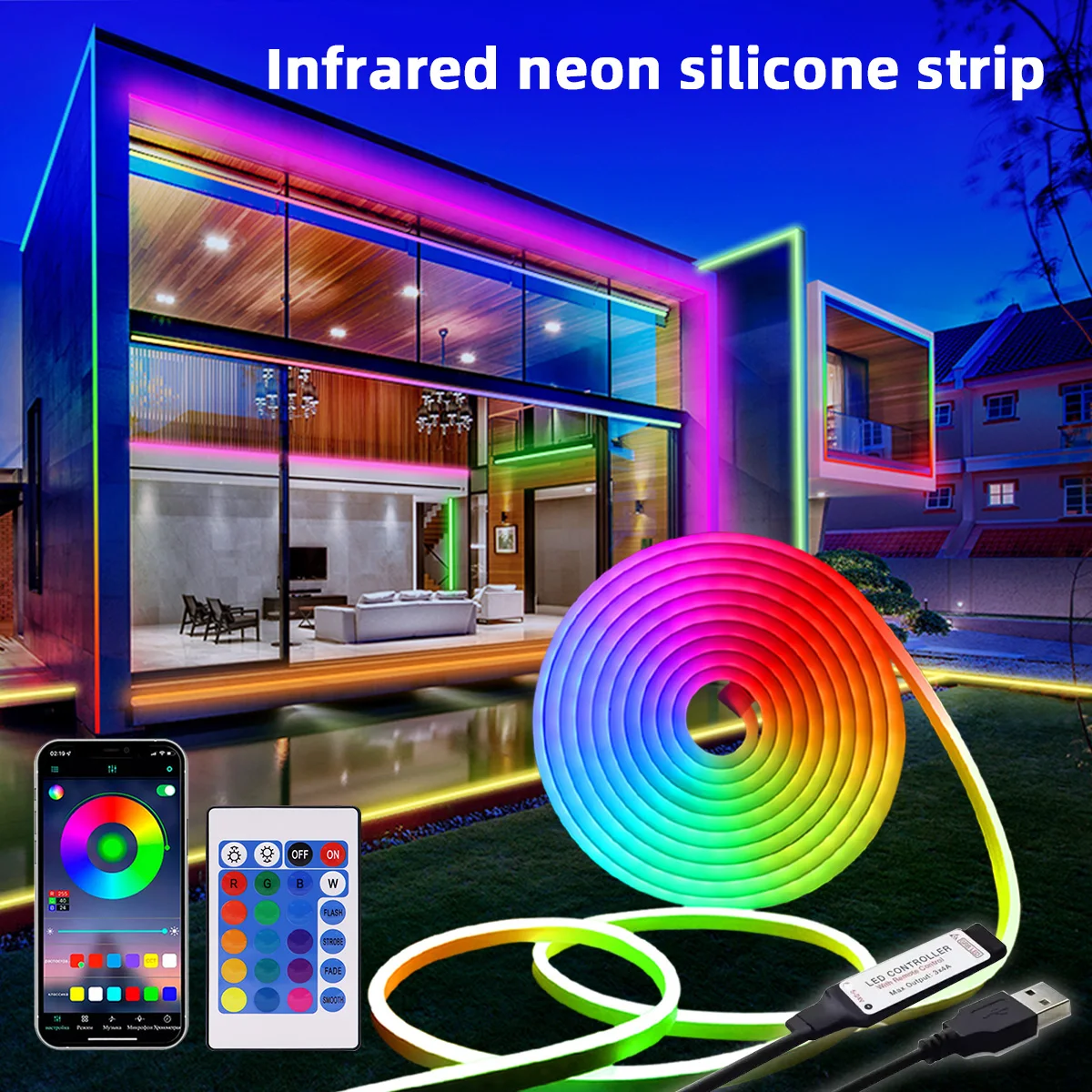 Tira de luz de neón LED con atenuación Rgb, aplicación remota Flexible e impermeable, Control modo Dual, micrófono incorporado para Control de voz