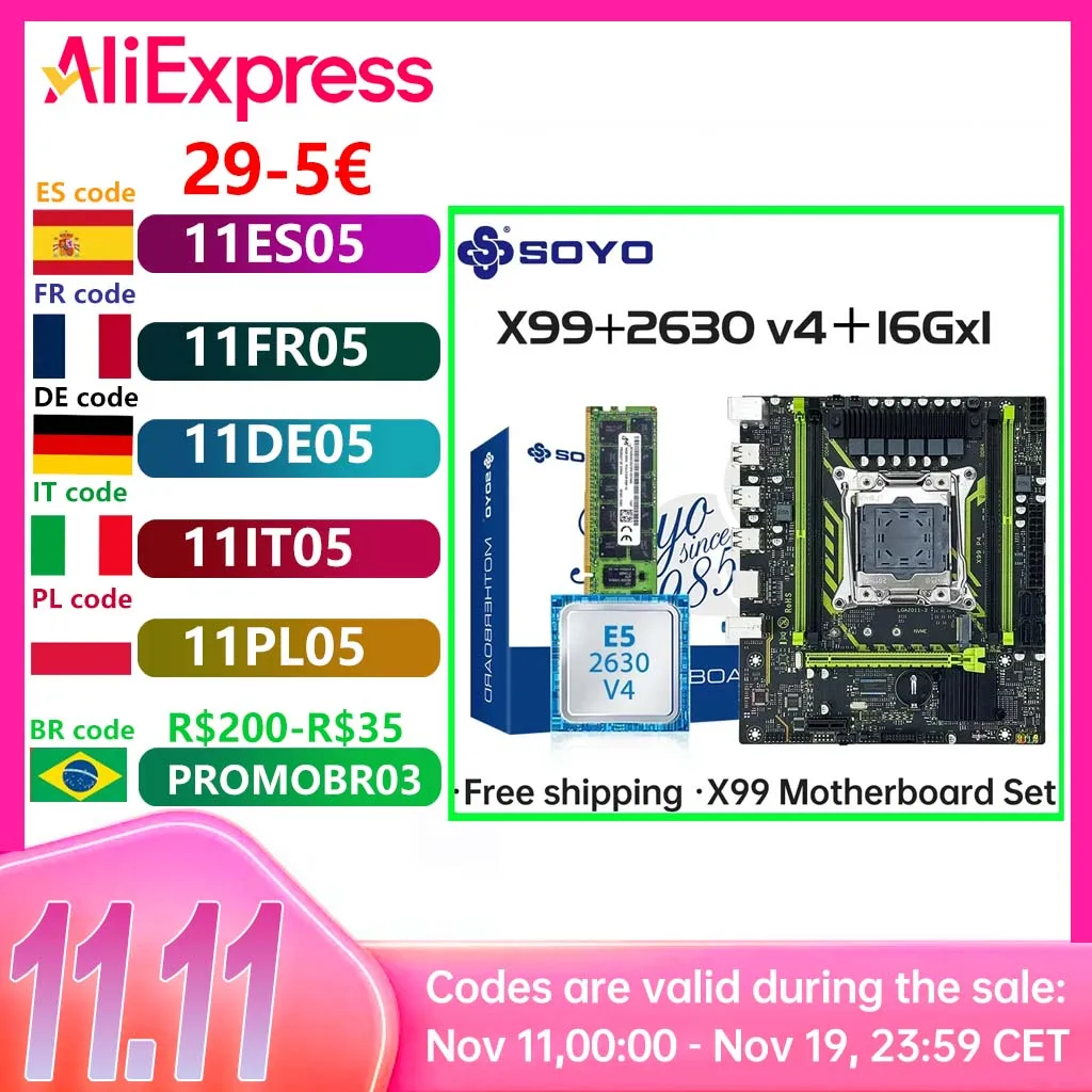 Soyo x99 conjunto de placa-mãe com LGA2011-3 xeon e5 2630 v4 cpu ddr4 16gb (1*16gb) 2133mhz ram nvme m.2 sata acessórios de computador