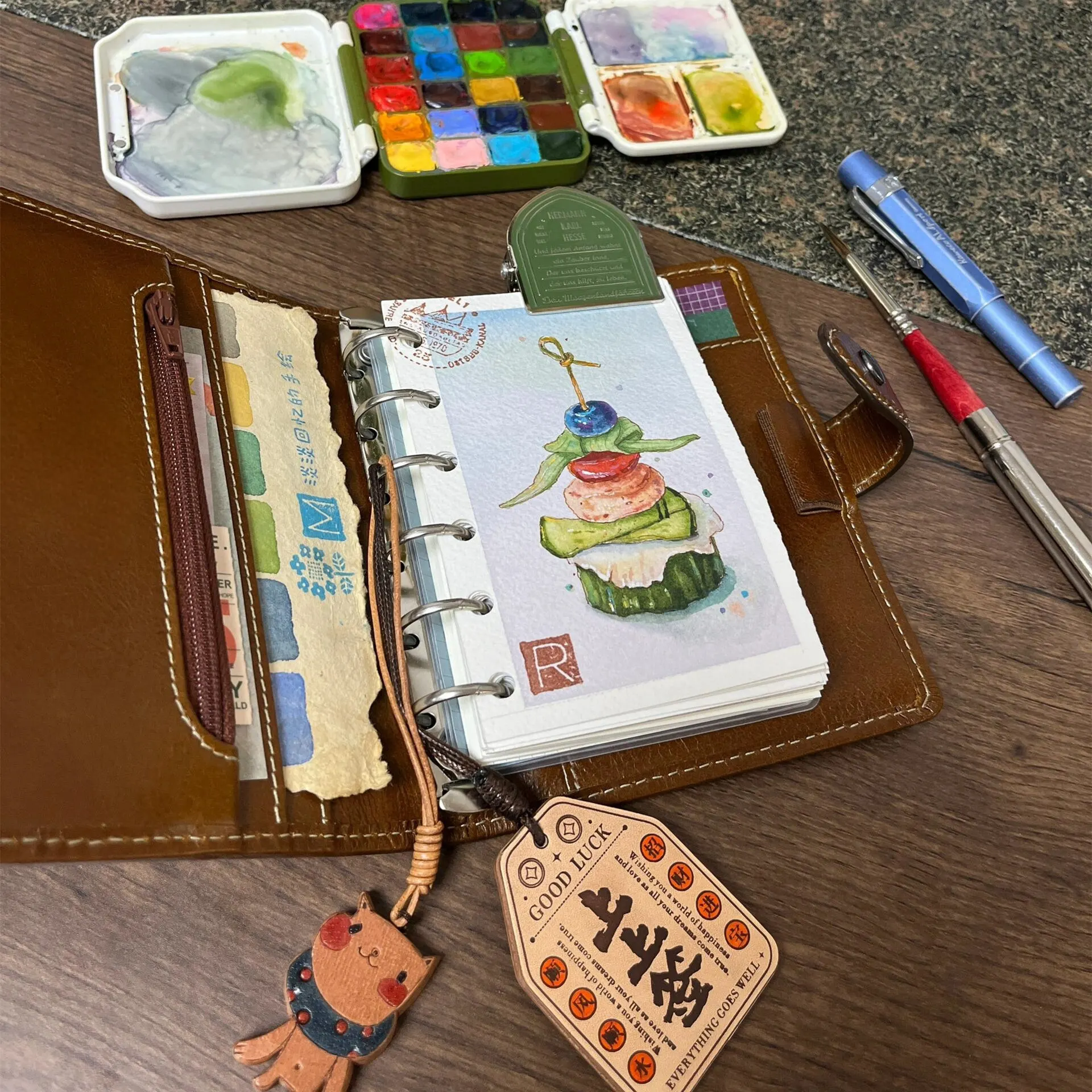 M5 PU Leather Loose Leaf Notebook with Detachable Hand Book 5-Hole Filler Paper Portable Plan Notebook Card Holder Planner