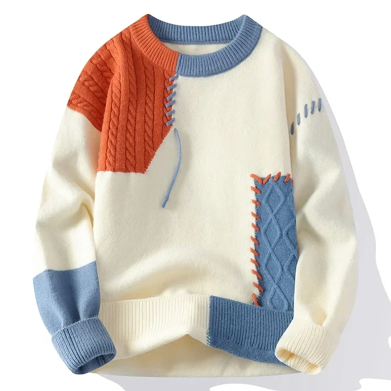 Herren-Strickpullover, Patchwork-Pullover, O-Ausschnitt, Pullover, gespleißt, Langarm-Pullover, leicht dehnbar, Standardwolle, 2024, lässig