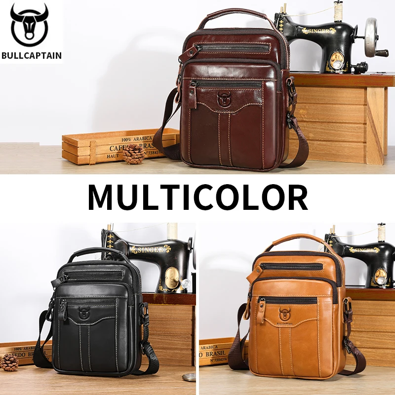 BULLCAPTAIN Bolsa de ombro crossbody de couro genuíno masculina, bolsa de negócios para tablet de 7,9 polegadas, bolsa envelope portátil multifuncional