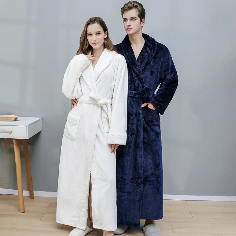 Albornoces de baño gruesos de terciopelo Coral largo y cálido para otoño e invierno para hombre y mujer, pijamas, bata de ducha, toallas de baño para adultos