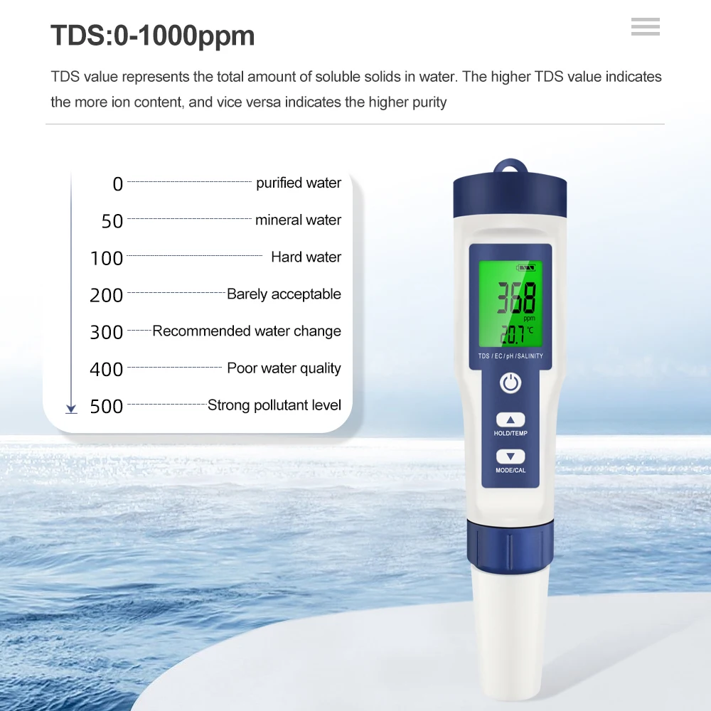 5 In 1 デジタル PH TDS EC メーターペン塩分温度テスター導電率フィルター純度バックライト付き水族館の水用