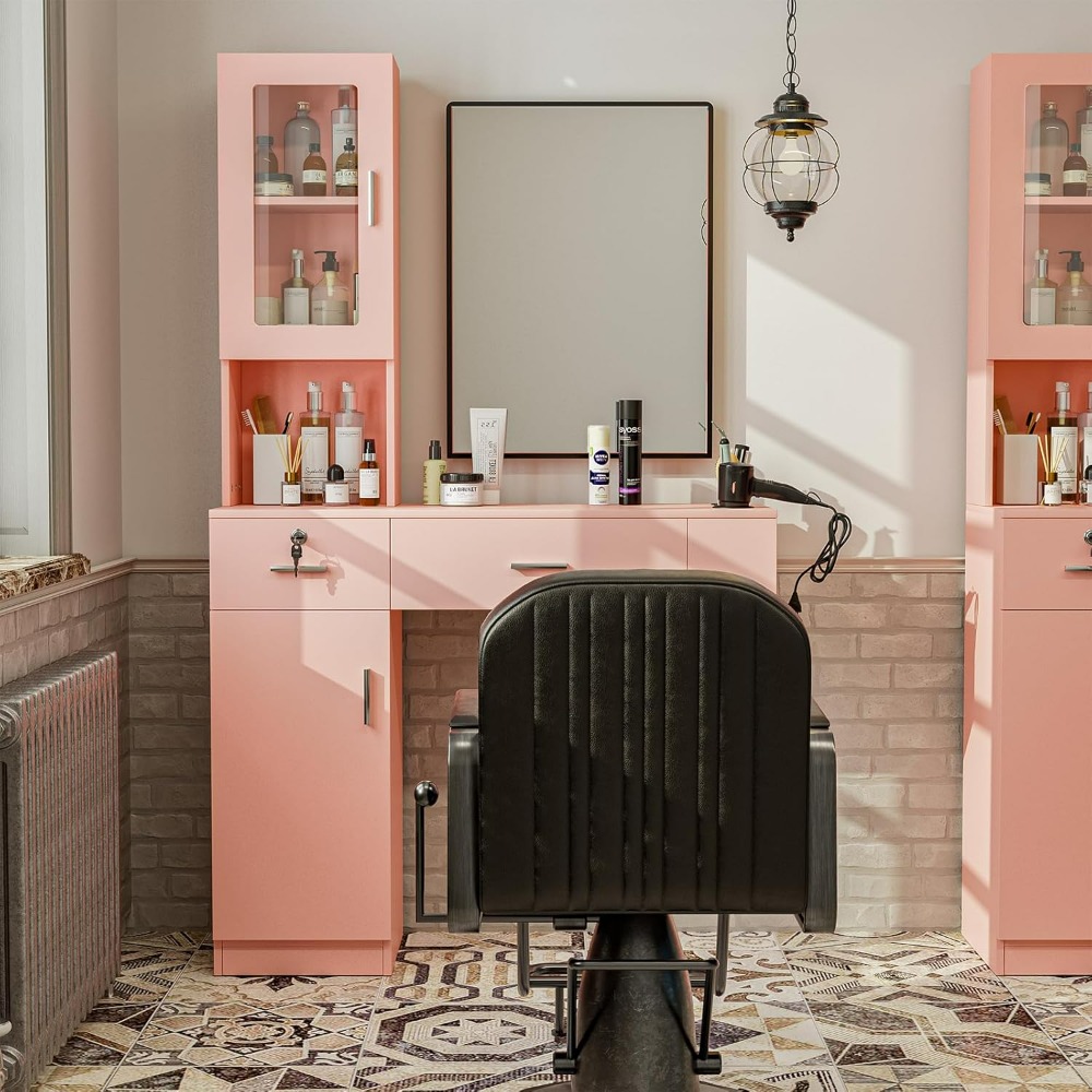 Wall Mount Barber Stations, Hair Styling Equipement Set with a Storage Cabinet, 2 Drawers and a 3 Tier Shelf w/Glass Door