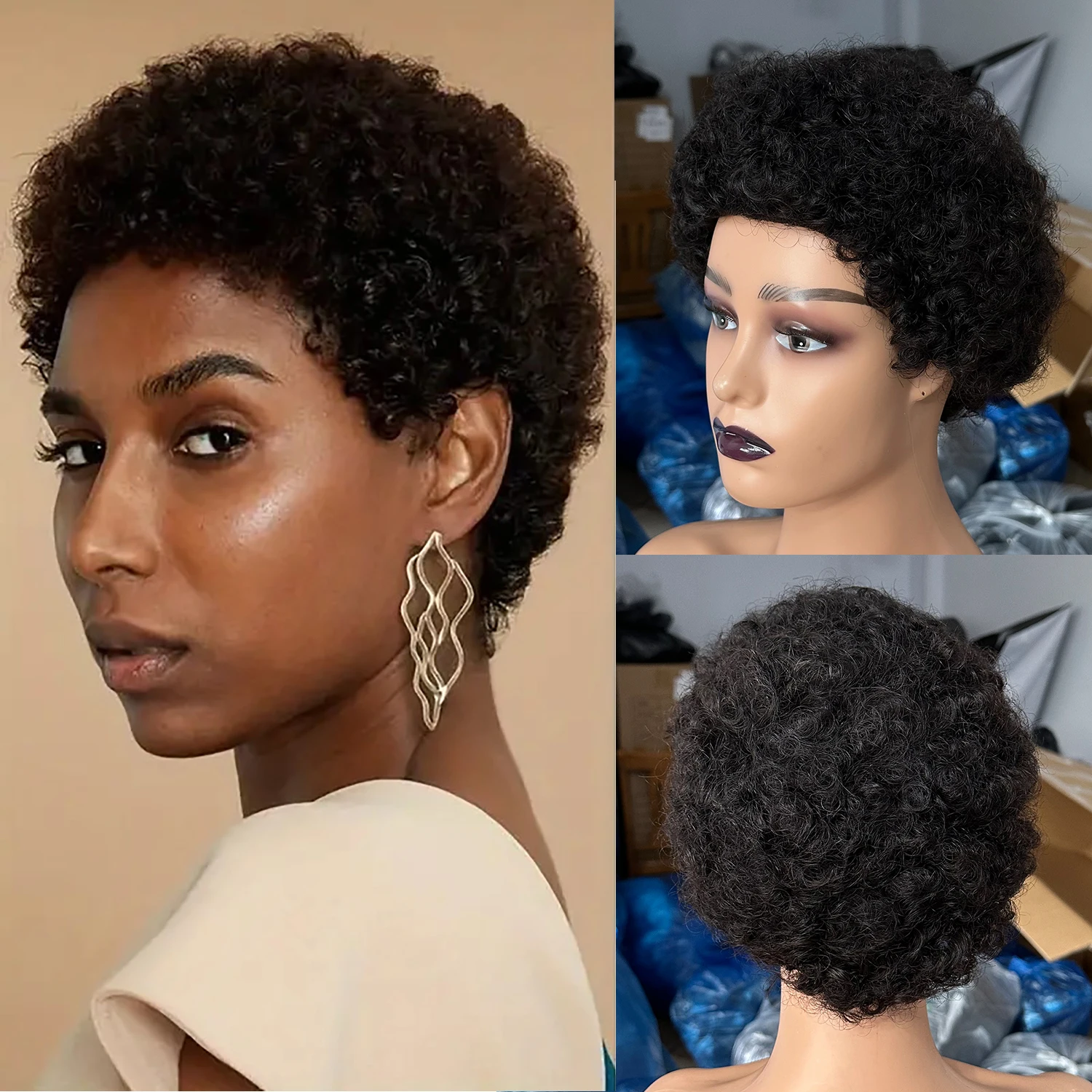 Brasileiro curto pixie corte perucas para preto feminino cabelo humano afro kinky encaracolado peruca africano encaracolado completo máquina feita peruca