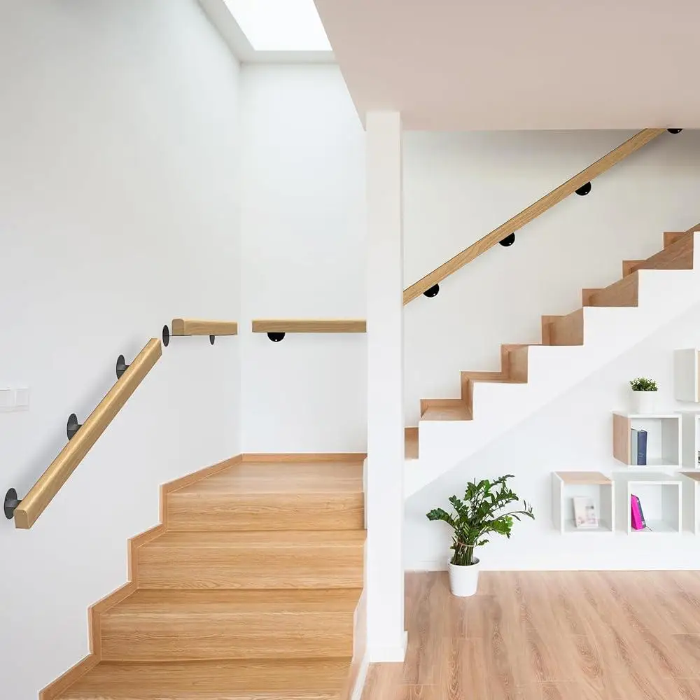 2FT Wooden Stair Handrail Non-Slip Sturdy Wall Mount Pine Support Indoor Outdoor Safety Handrails Easy Installation