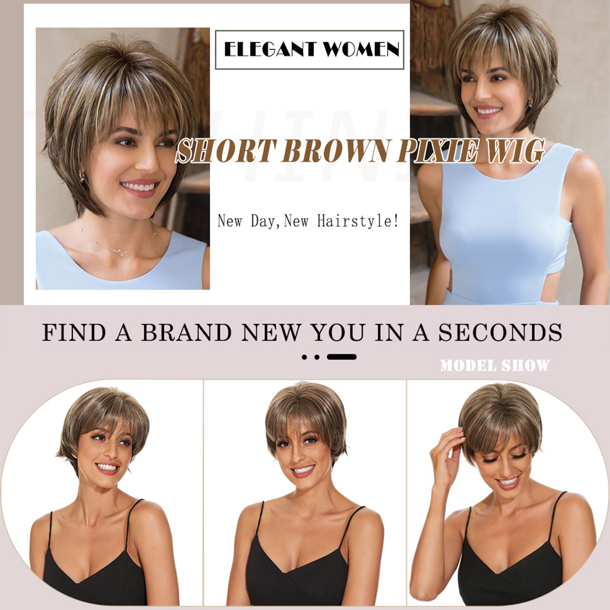 Corto marrón para mujeres blancas Corte Pixie en capas con reflejos rubios Pelo sintético de aspecto natural Wit