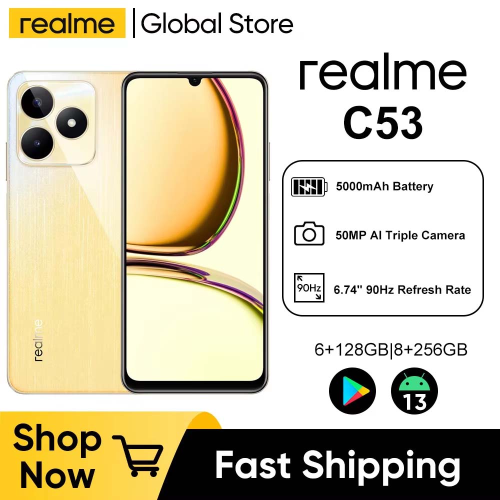 Realme C53 6,74 "HD 90Hz Tela 8GB 256GB Octa Core Ultra Slim Phone com Bateria de 5000mAh Câmera AI de 50MP
