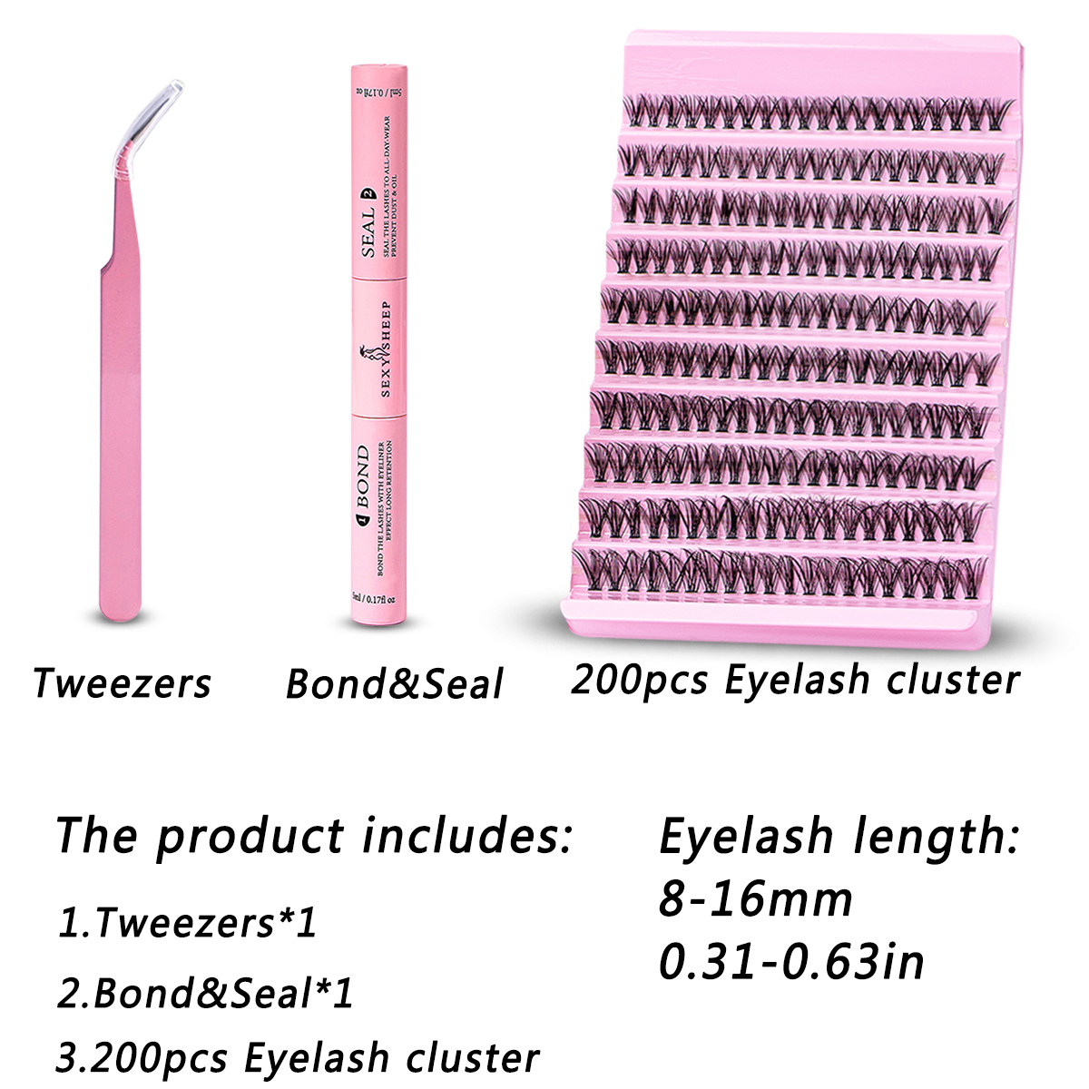 DIY Eyelash Extension Kit 200pcs Individual Lashes Cluster D Curl, 8-16mm Mix Lash Clusters with Lash Tweezers