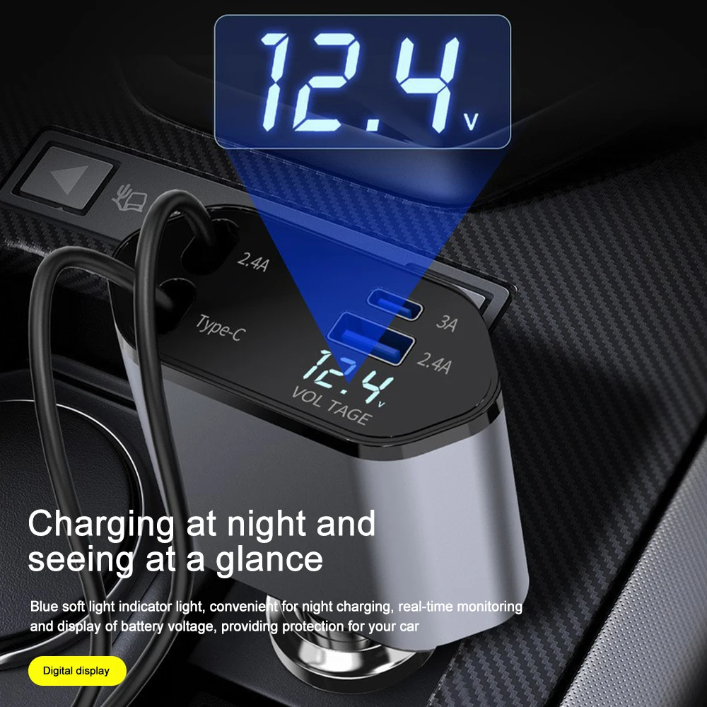 Carregador de telefone para carro 4 em 1, 120w tipo c 66w + 2,4a, cabo de carregamento com cabos retráteis com display volt para iphone, huawei, samsung