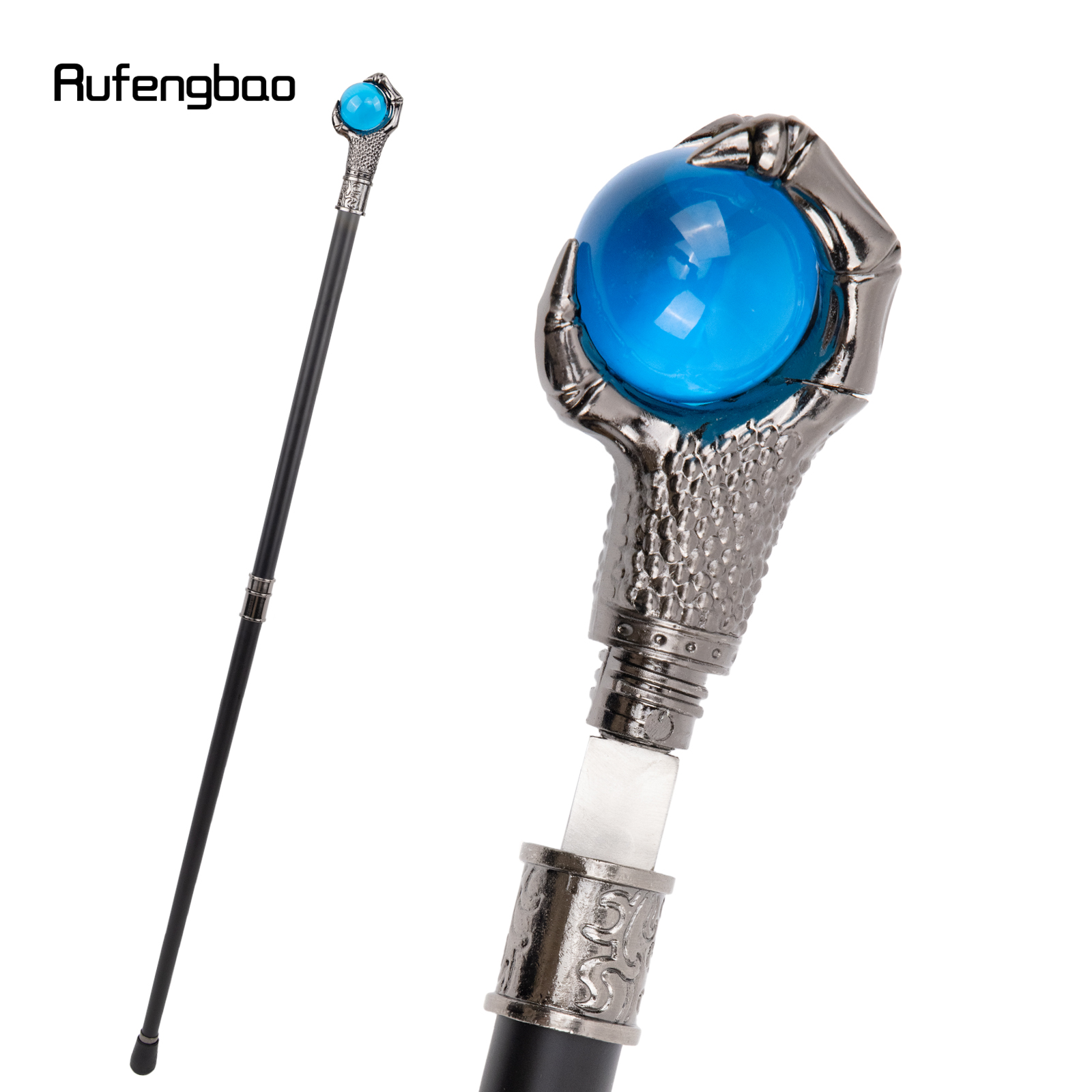 Bastón plateado con bola de cristal azul con garra de dragón, bastón con placa oculta, bastón de moda de autodefensa, bastón de Cosplay de 93cm