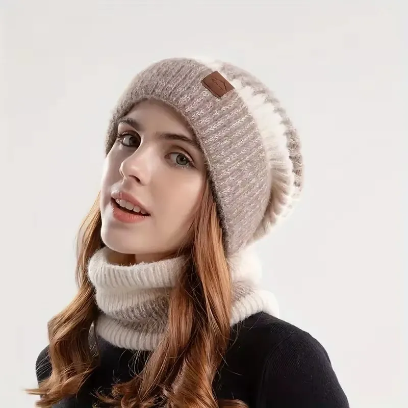 Chapéu feminino de malha de dois tons com babador de veludo, gorro engrossado, protetor de orelha quente, aniversário, dia dos namorados, inverno