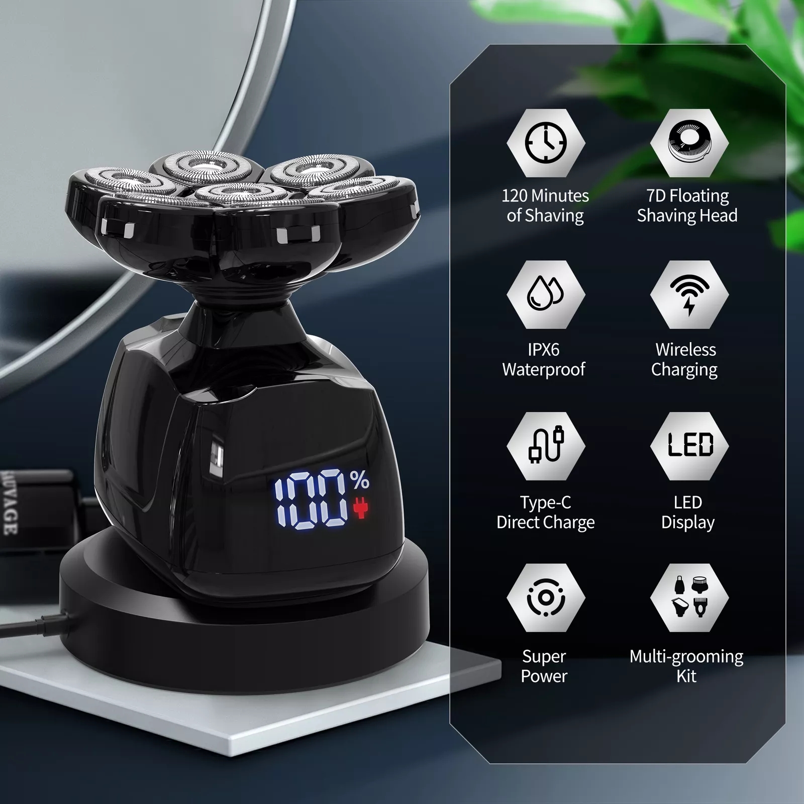 Sejoy เครื่องโกนหนวดไฟฟ้าสําหรับหัวล้านผู้ชาย 7D มีดโกนแม่เหล็กผม Trimmer USB ชาร์จจอแสดงผล LED กันน้ําเครื่องโกนหนวดเครา
