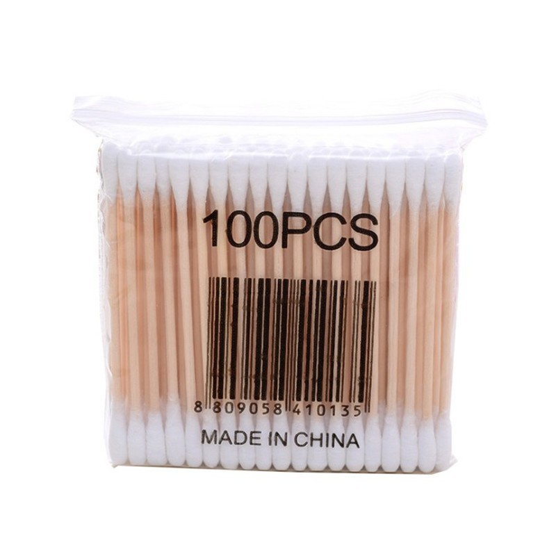 Bastoncillos de algodón sanitarios desechables, bolsas suaves, palos de madera, bastoncillos de algodón de doble punta, hisopos de algodón de limpieza, 100 piezas en tota