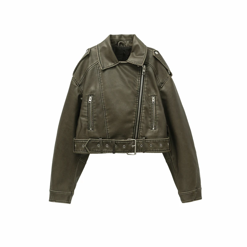 ZVRI 2025 Vrouwen Vintage Losse Pu Kunstleer Korte Jas met Riem Streetwear Vrouwelijke Rits Retro Moto Biker Jas Uitloper tops