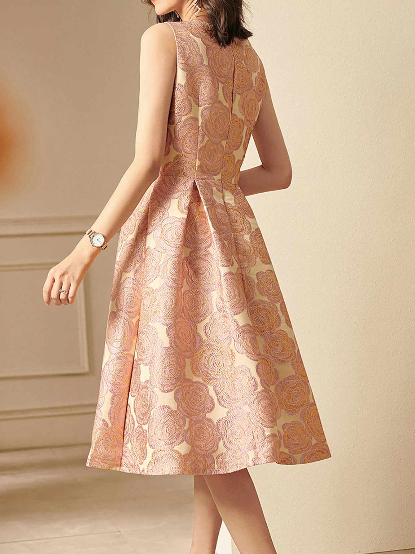 Devchua elegante feminino sem mangas verão jacquard boho floral vintage senhoras roupas de festa nova linha a midi vestido senhoras vestidos