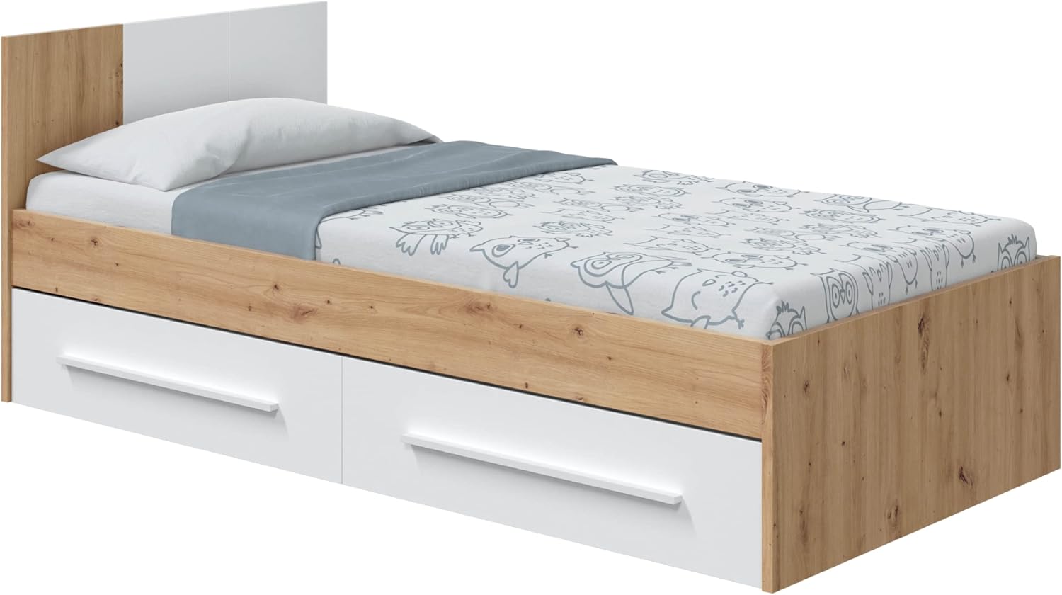 Cama Individual con 2 Cajones, Juvenil, Infantil, Modelo Noa, Acabado en Blanco Artik y Roble Nodi, Medidas: 196 cm (Largo) x 97