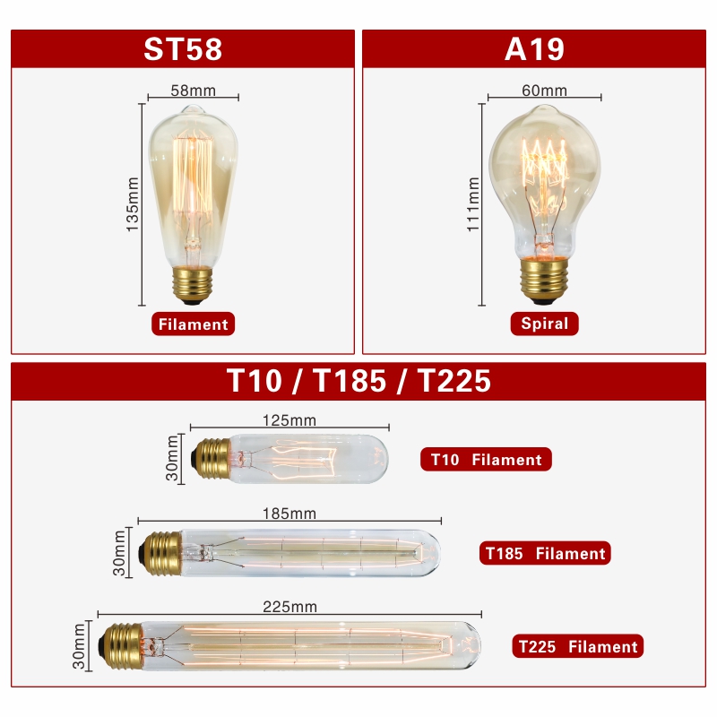 Retro Edison หลอดไฟ E27 220V 40W หลอดไฟ A60 ST58 ST64 T10 T45 T185 G80 G95 Filament Vintage Ampoule หลอดไส้เกลียวโคมไฟ