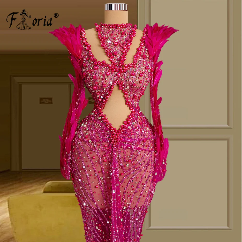 2 Designs Luxus stark Perlen Federn Perlen Meerjungfrau Abendkleid lange Ärmel formelle Event Kleider vestidos de festa plus siz