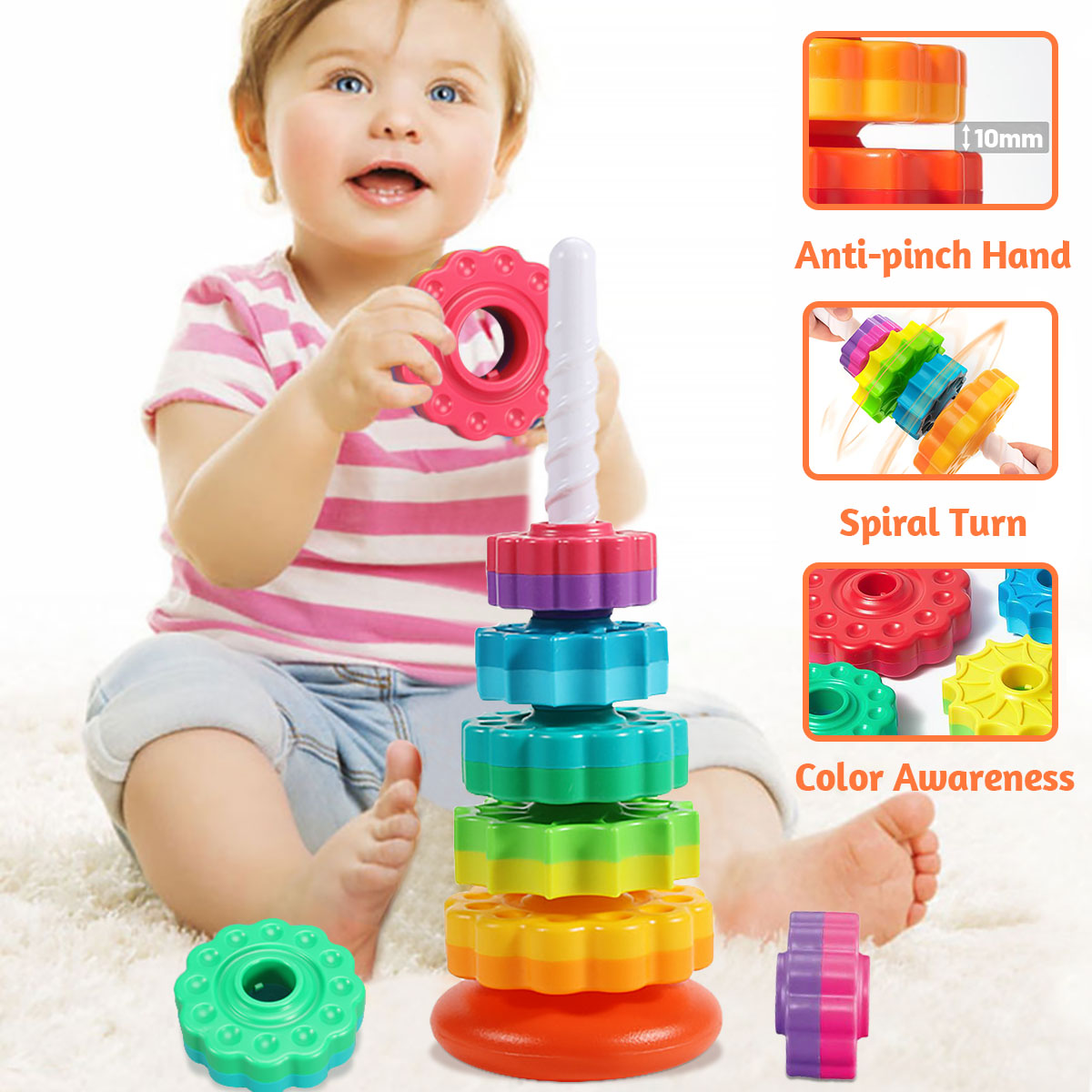 Montessori Rotierender Regenbogenturm Baby Stapelpuzzle Spielzeug Sicherheit und Umweltschutz Farbiges Kinderspielzeug