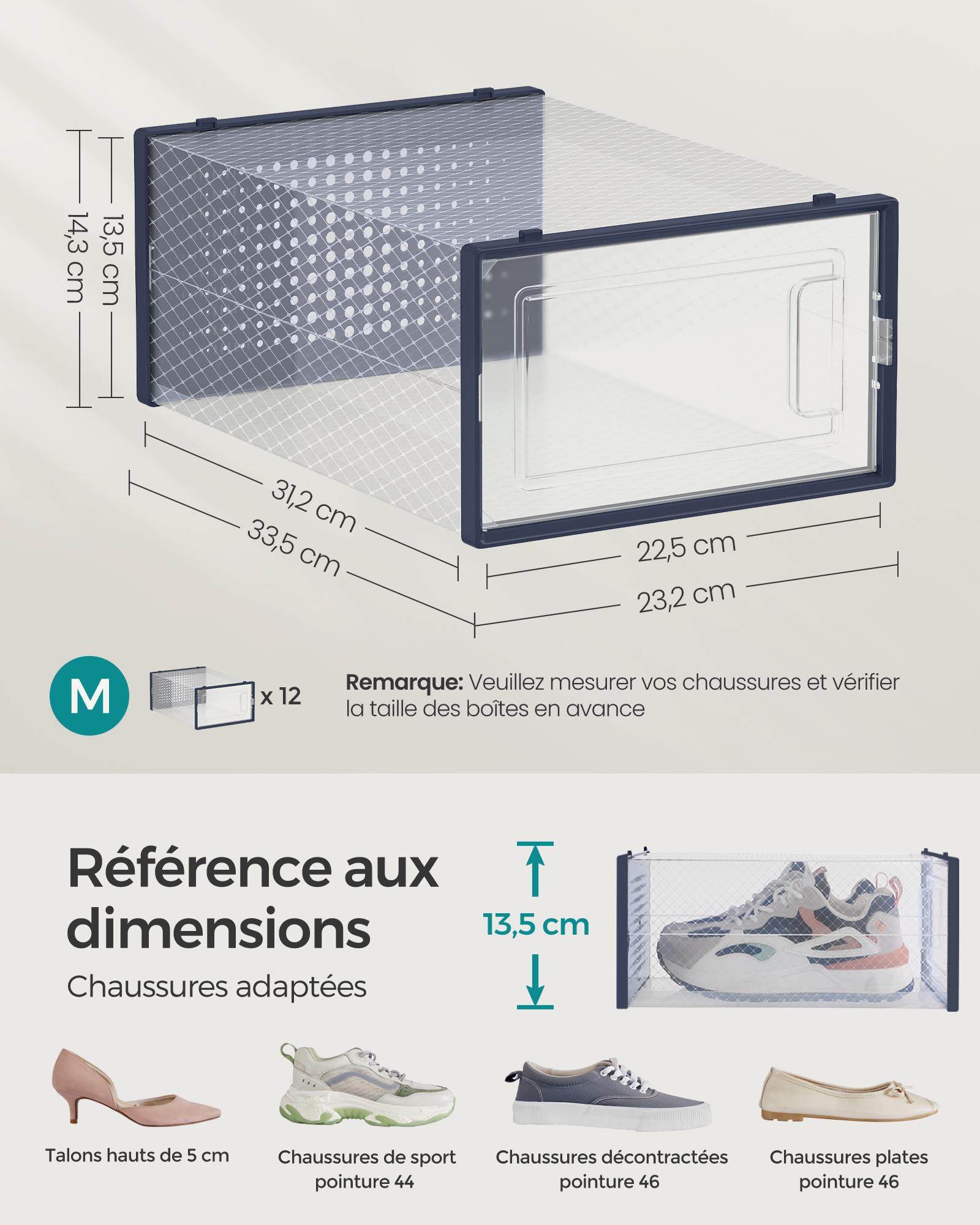 SONGMICS Boîtes à Chaussures, Lot de 18, Rangement Chaussures, Pliable, pour Pointure Jusqu’à 44