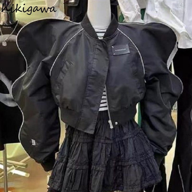 Harajuku Jacken Frauen Kleidung Oansatz Puff Sleeve Zipper Y2k Tops 2023 Ropa Mujer Mode Streetwear Koreanische Schwarz Zipper Mäntel