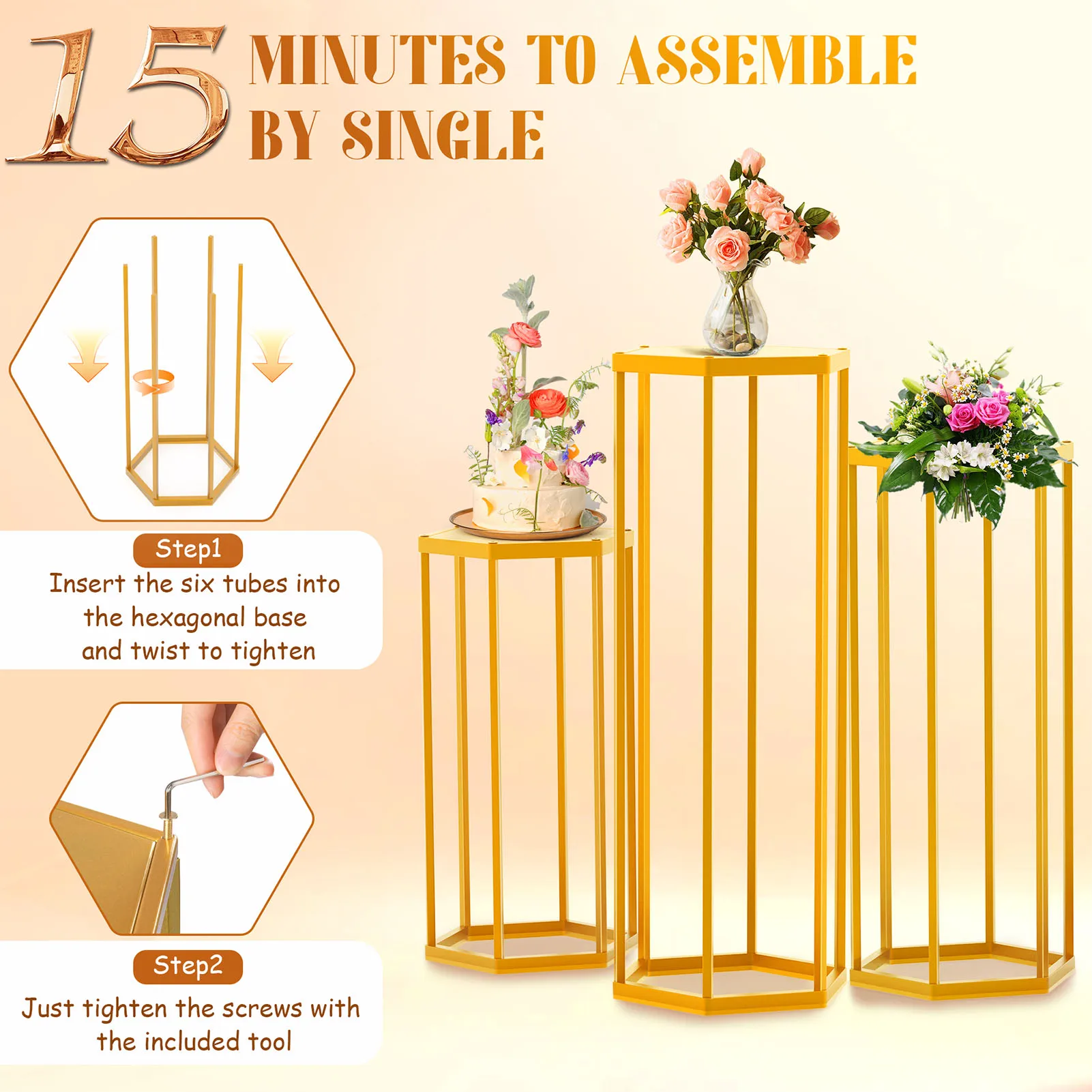 Conjunto de 3 expositores hexagonais de metal - design geométrico oco, estrutura de aço durável com 3 alturas para decoração de casa e loja