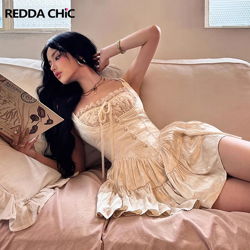 REDDACHiC, средневековое атласное мини-платье в стиле ретро, женское цельное жаккардовое кружевное корсет с цветочным принтом, комбинезон на бретельках, летняя одежда для свиданий