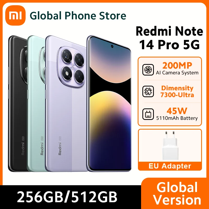 【Brand+】Xiaomi Redmi Note 14 Pro 5G Smartphone MediaTek Dimensity 7300-Ultra 200MP AI camera NFC 6.67"AMOLED display IP68