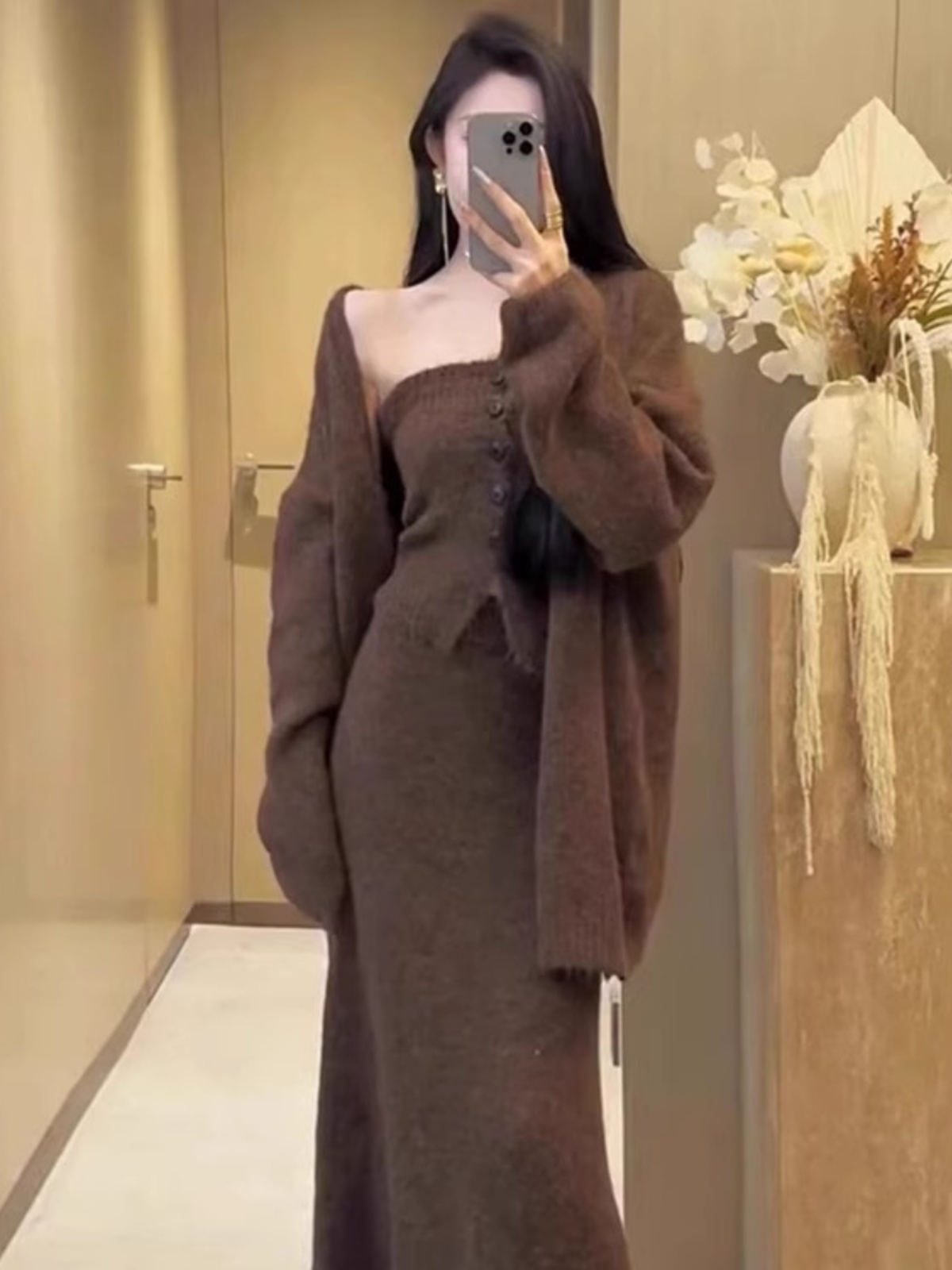 Conjunto de Três Peças de Suéter Tricotado Estilo Retrô F, Novo para o Outono, Versão Coreana, Top Sem Alças, Cardigan...