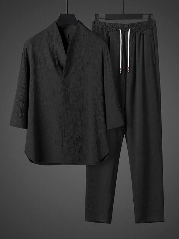 Conjunto de Verão em Seda Gelada Fina: Cseta Casual de Manga Solta e Calça Crida Leve e Respirável para Jovens Homens