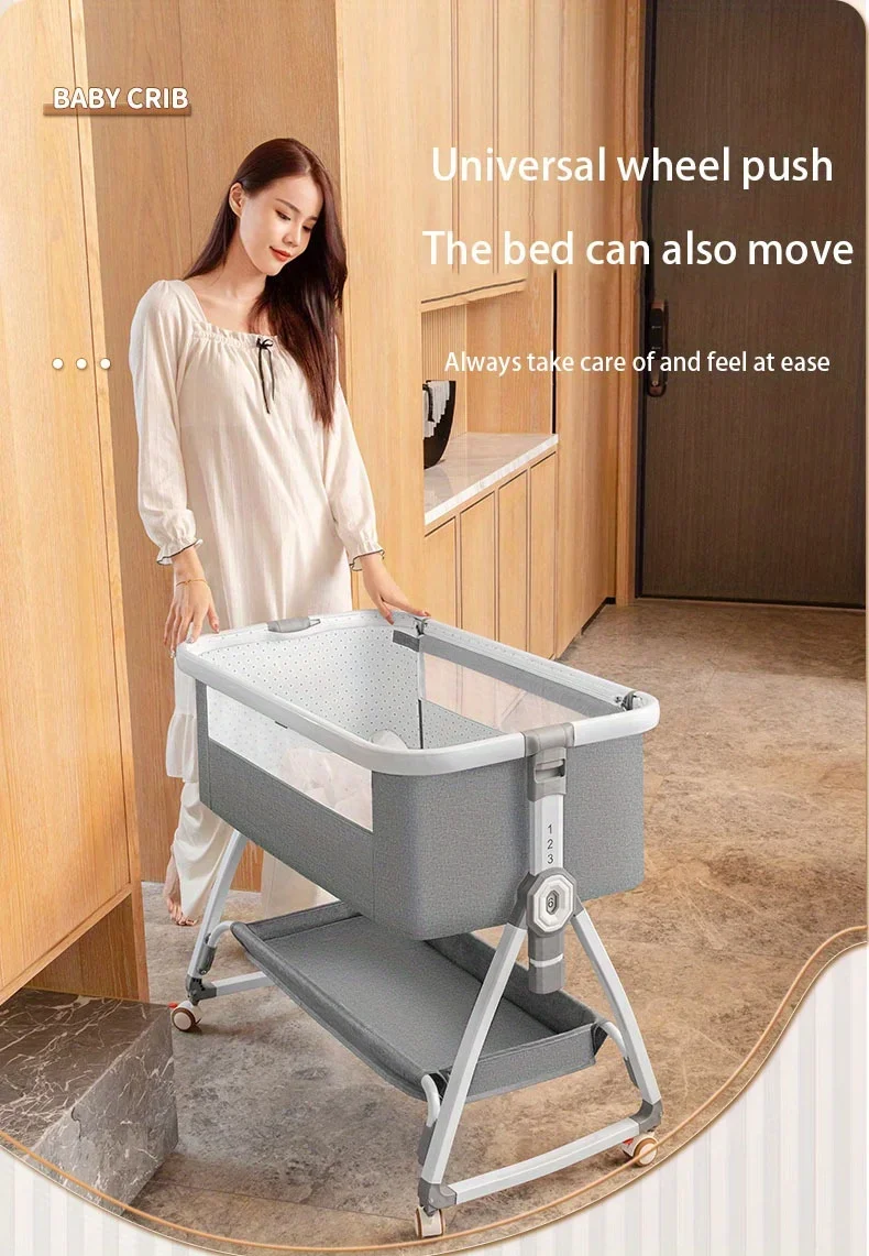 Baby Crib, Portable Splicing, Cradle Bed, Foldable Height Adjustable Splicing, and Movable Bedside Swing, Cradle Bed