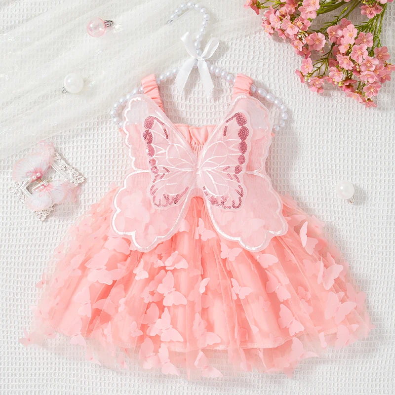 ชุดเด็กผู้หญิงฤดูร้อนรูปแบบผีเสื้อสีทึบ Halter Puffy ชุดเด็กผู้หญิงน่ารักเสื้อผ้าเด็กผู้หญิง