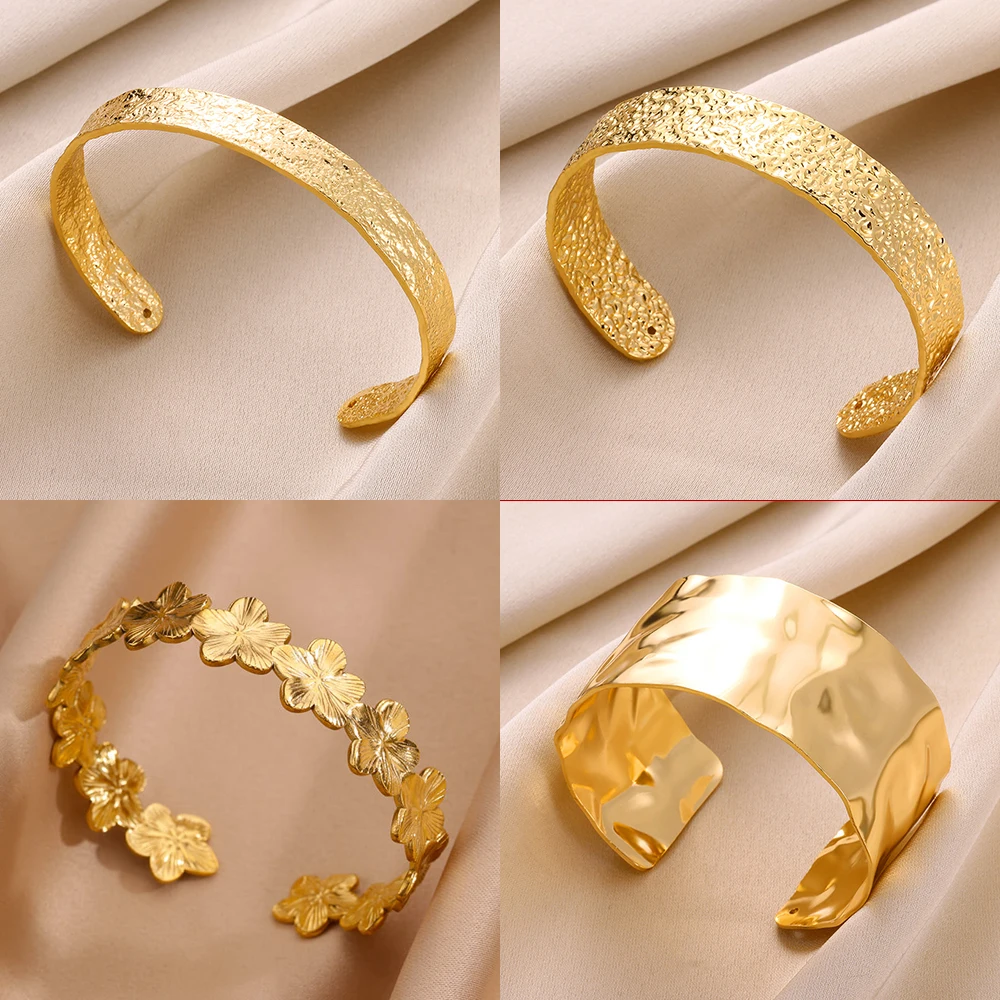 Brazaletes anchos de acero inoxidable para mujer, brazalete de flores grueso de Color dorado de lujo, regalos de joyería de boda Vintage para mujer