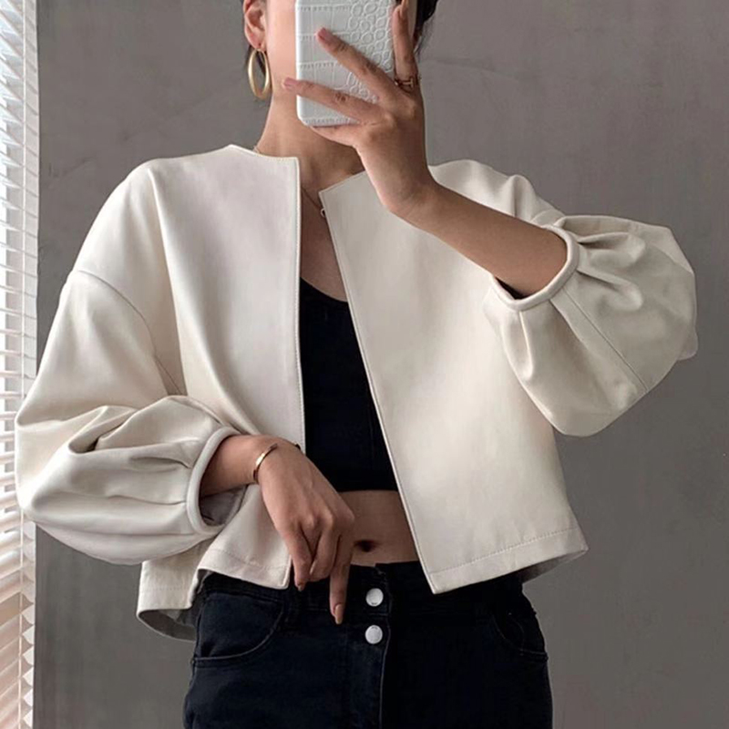 Jaqueta de couro genuíno para mulheres, cardigã 100% pele de carneiro sem gola, blusa curta solta, outono