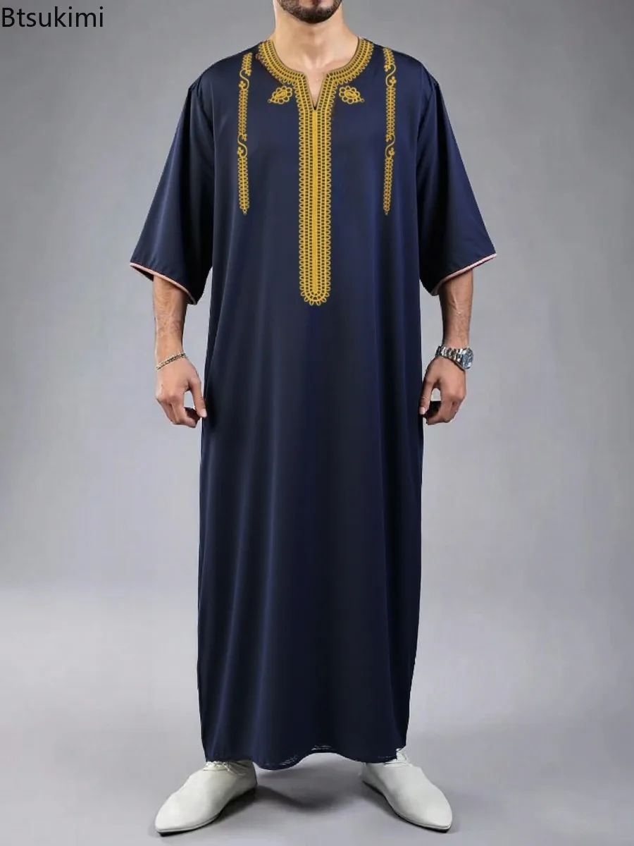 2025, traditionelle muslimische Kleidung für Herren, Eid, Naher Osten, Jubba Thobe, Herren-Thobe, arabische muslimische Roben mit kurzen Ärmeln, Ehemann-Geschenk