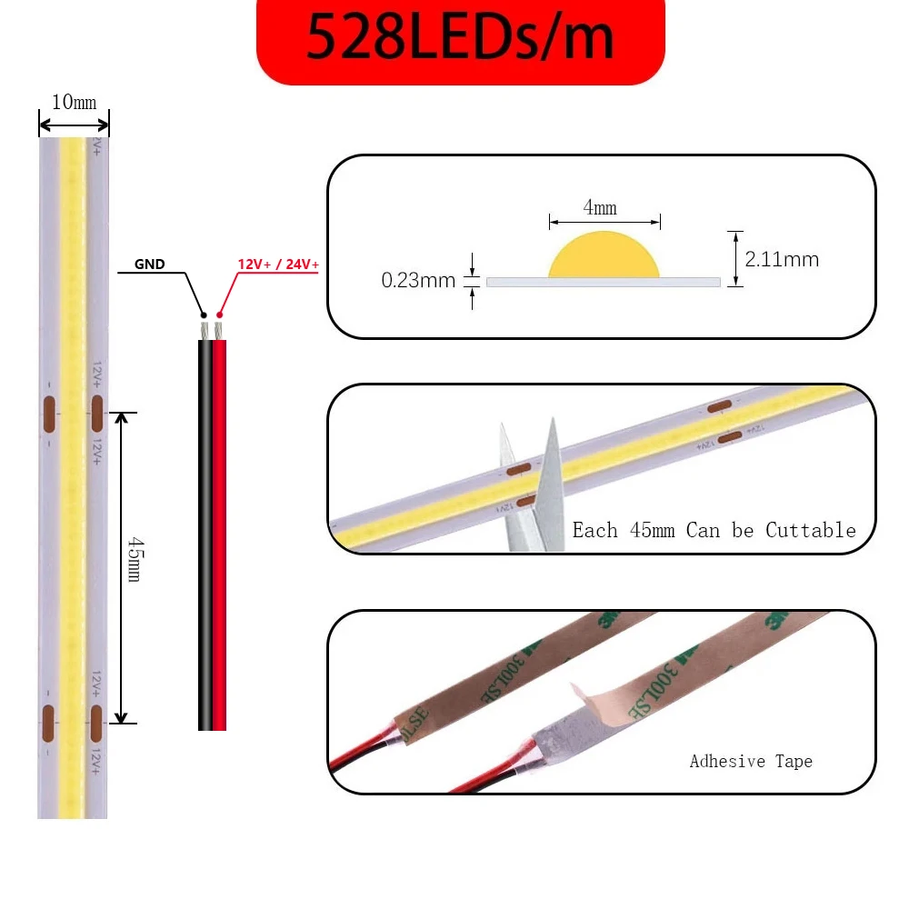 COB LED Strip Light ความหนาแน่นสูง Linear Lighting 480/528 LEDs/M เทปยืดหยุ่นธรรมชาติสีขาวสีแดงสีฟ้าสีเขียว Decor DC12/24V