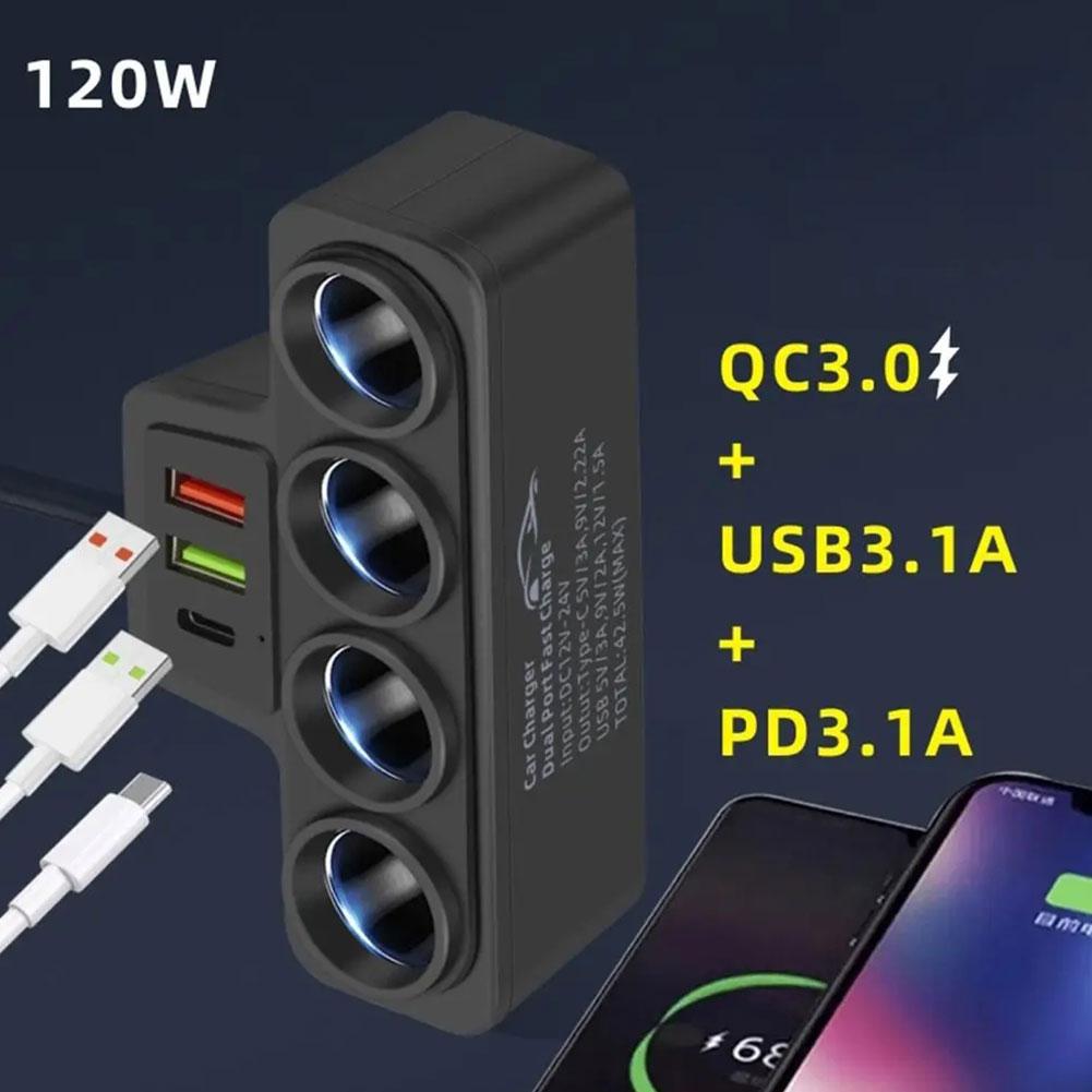 12 V/24 V Sigarettenaansteker Adapter Nieuwe 4-Socket 3.1A Oplader Oplader USB Auto USB + QC3.0 + PD3.1A Accessoires Poort USB 120 W