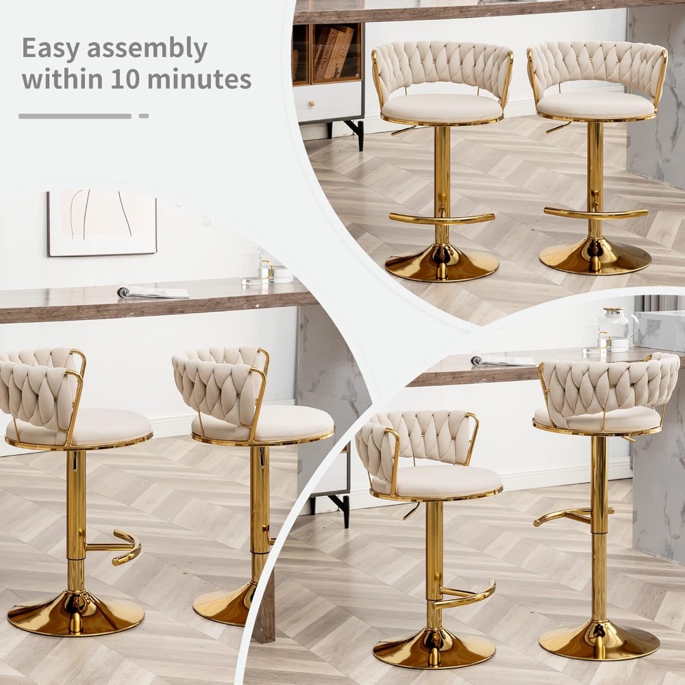 Gold Bar Stools Set of 4, Low Back Counter Height Bar Stools, Velvet Adjustable Height Bar Stools