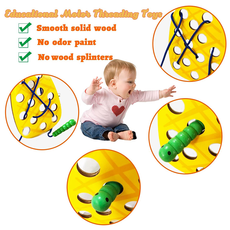 Wooden Lacing Toy Educational Fruits Threading Activity Puzzles Learning Fine Motor Skill Car Travel Toy Set for Toddlers Kids