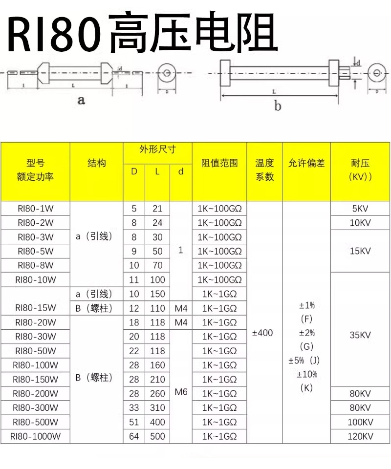 10PCS RI80 Hochspannungswiderstand 1W 2W 5W 1M 30M 40M 50M 5K 10K 300K Ohmischer Dickschichtwiderstand