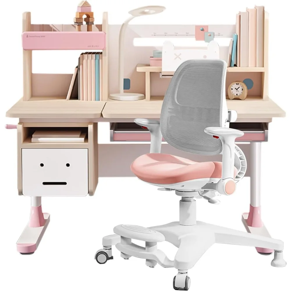 Wood Adjustable Height Kids Study Desk with Chair, Reading Homework Drawing Table Computer Station Built-in Bookshelf Hutch