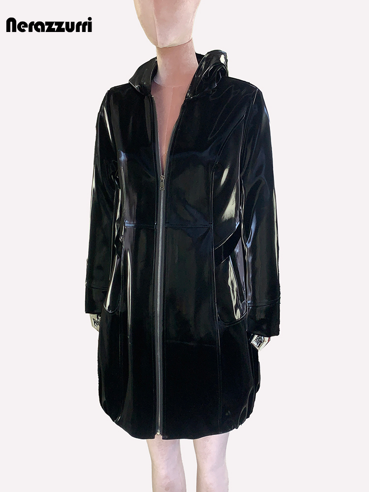 Nerazzurri Frühlingsjacke, wasserdicht, glänzend, reflektierend, schwarzes Lackleder, Damenjacke mit Kapuze, Reißverschluss, rote Herbstkleidung