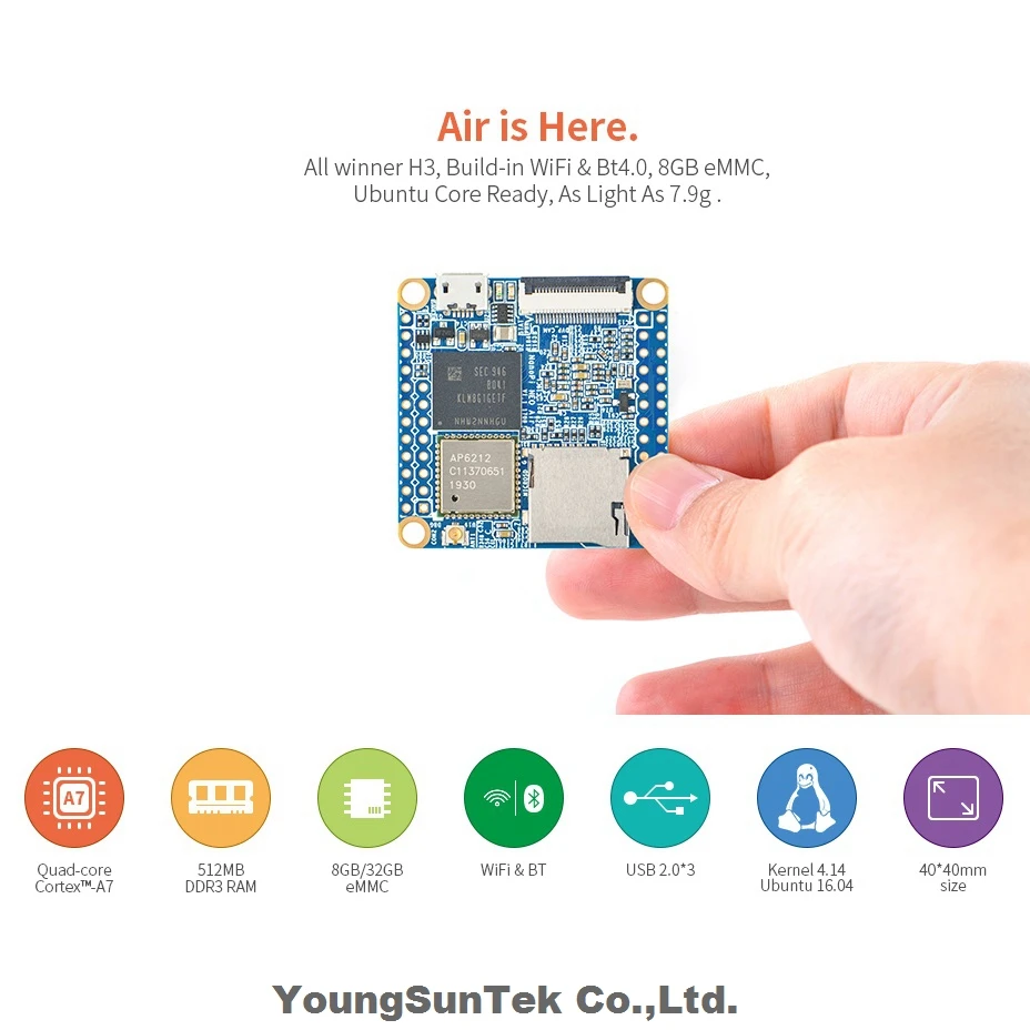 NanoPi Neo Air LTS 512M RAM/8G eMMC YoungSunTek Allwinner Quad CortexA7, 1,2 ГГц, OpenWRT, Wi-Fi и BT Ubuntu Linux Armbian DietPi Kali