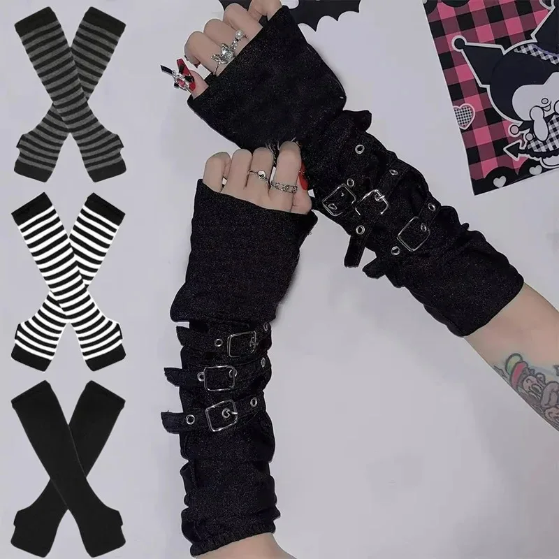 Mulheres homens gótico lolita luva braço capa harajuku aquecedores de braço listrado sem dedos punk longa pulseira moda y2k meninas luvas