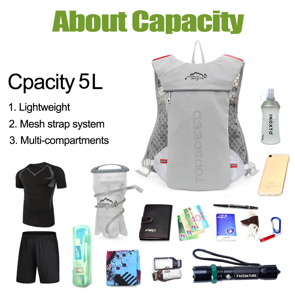 INOXTO วิ่ง Ultra-Light 5L กระเป๋าเป้สะพายหลังวิ่ง Hydration Trail กระเป๋าเป้สะพายหลังมาราธอนกลางแจ้งจักรยาน2L น้ำกระเป๋า Marathon Race