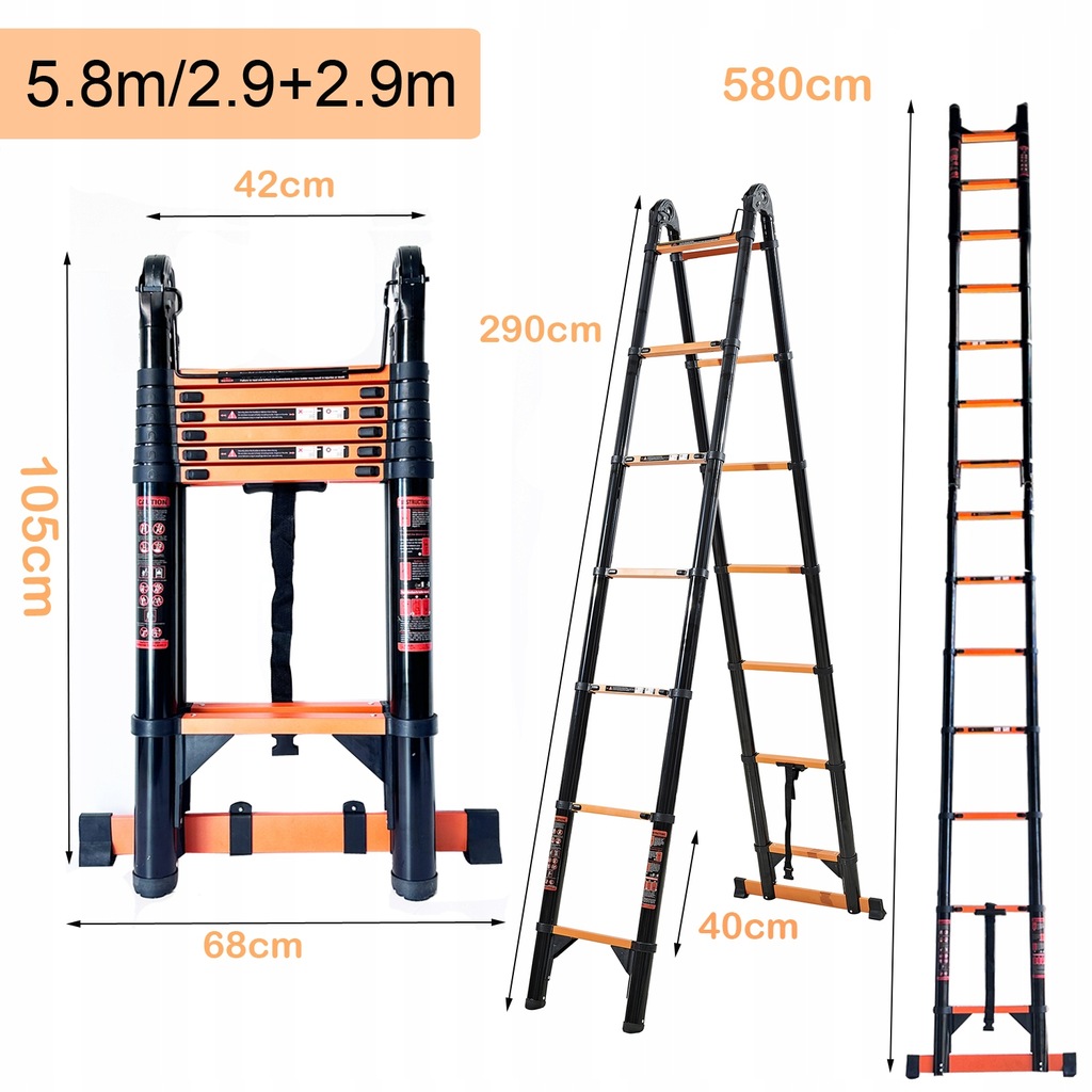 Telescopische ladder 5,8 m/6,6 m Koolstofstaal 19/22ft A-frame Opvouwbare draagbare multifunctionele ladder met EN131 gecertificeerde belasting 150 kg